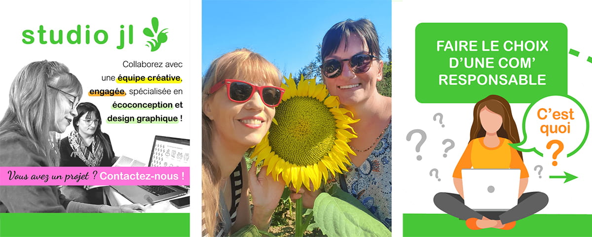 Jenny et Lucie, une équipe créative, engagée, spécialisée en écoconception et design graphique, créatrices du Studio JL graphistes responsables et chargées de communication à Toulouse, L'isle jourdain et Albi